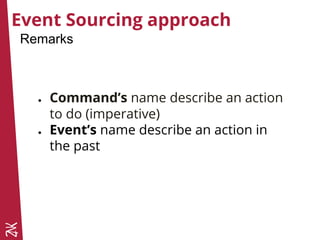 ● Command’s name describe an action
to do (imperative)
● Event’s name describe an action in
the past
Event Sourcing approa...