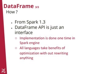 DataFrame 3/3
● From Spark 1.3
● DataFrame API is just an
interface
○ Implementation is done one time in
Spark engine
○ All languages take benefits of
optimization with out rewriting
anything
How ?
 