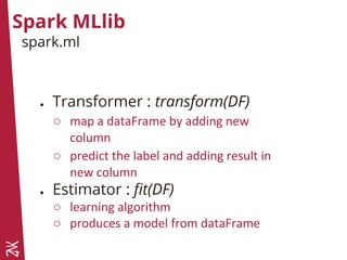 Spark MLlib
spark.ml
● Transformer : transform(DF)
○ map a dataFrame by adding new
column
○ predict the label and adding result in
new column
● Estimator : fit(DF)
○ learning algorithm
○ produces a model from dataFrame
 