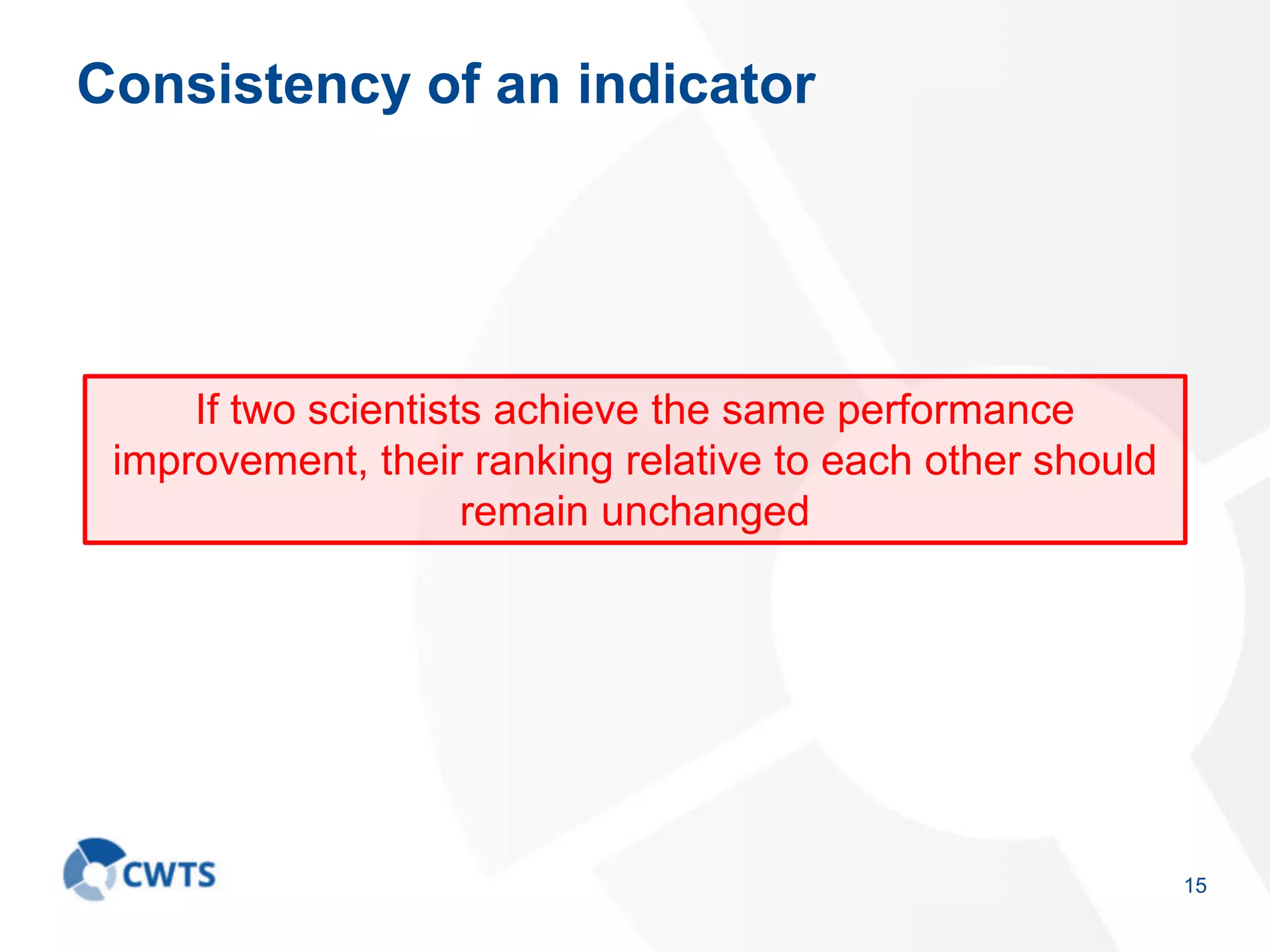 Consistency of an indicator
15
If two scientists achieve the same performance
improvement, their ranking relative to each other should
remain unchanged
 