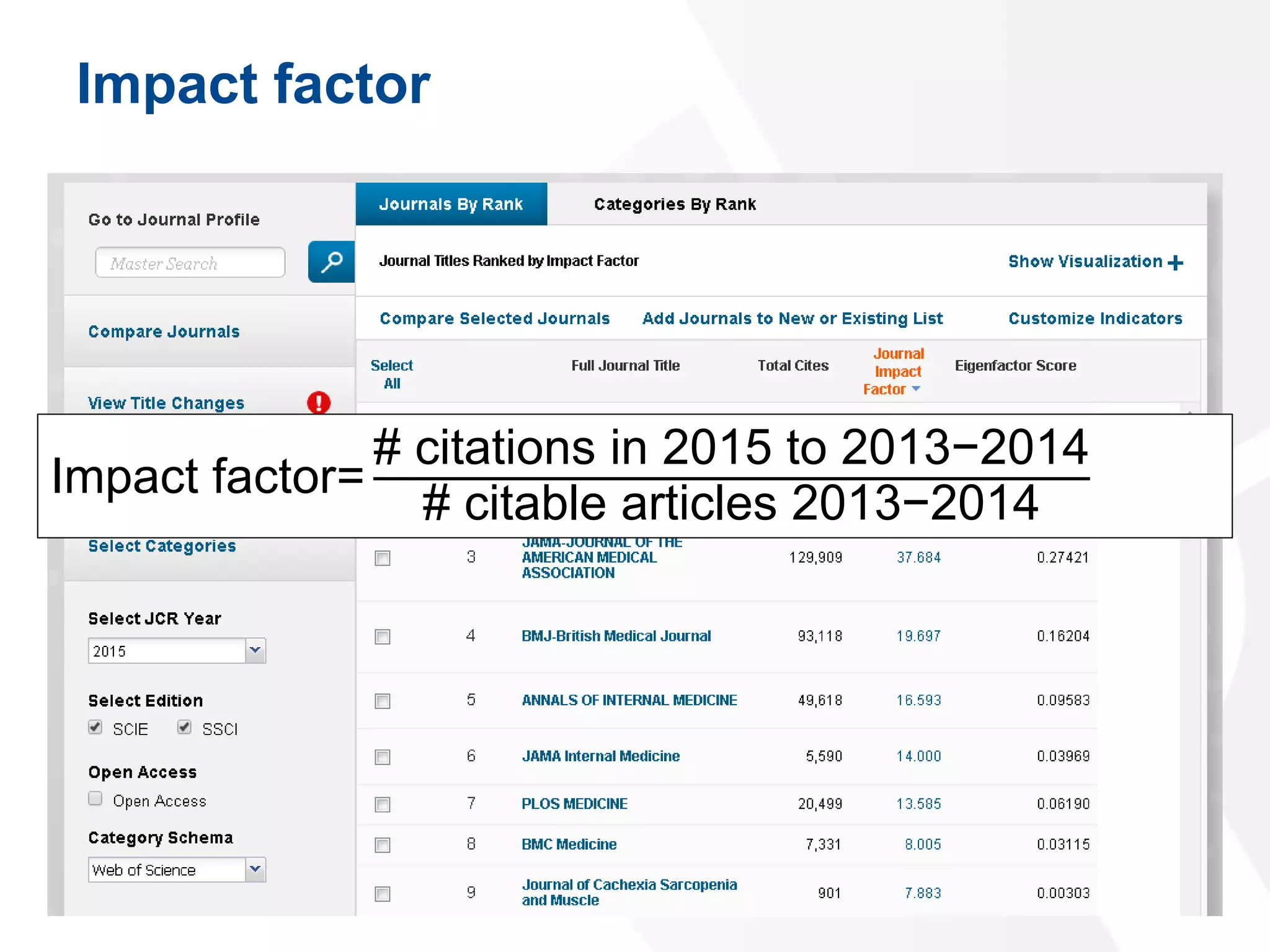 Impact factor
5
Impact factor=
# citations in 2015 to 2013−2014
# citable articles 2013−2014
 