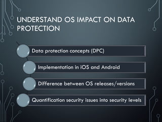UNDERSTAND OS IMPACT ON DATA
PROTECTION
Data protection concepts (DPC)
Implementation in iOS and Android
Difference between OS releases/versions
Quantification security issues into security levels
 