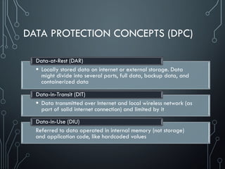 DATA PROTECTION CONCEPTS (DPC)
 Locally stored data on internet or external storage. Data
might divide into several parts, full data, backup data, and
containerized data
Data-at-Rest (DAR)
 Data transmitted over Internet and local wireless network (as
part of solid internet connection) and limited by it
Data-in-Transit (DIT)
Referred to data operated in internal memory (not storage)
and application code, like hardcoded values
Data-in-Use (DIU)
 