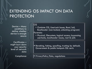 EXTENDING OS IMPACT ON DATA
PROTECTION
Device – Many
conditions to
define whether
device is enough
secure
OS
• Outdate OS, UserLock Issues, Root/Jail,
Bootloader (non-locked, unlocking program)
Forensics
• Physical, filesystem, logical access; bypassing
userlocks, bootloader issues, root & jails
Certificates –
might burn down
your security
level of network
data
 Revoking, faking, spoofing, trusting by default,
Government & public hotspots SSL certs
Compliance  PrivacyPolicy/Eula, regulations
 