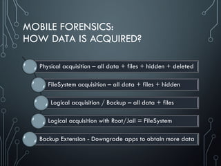 MOBILE FORENSICS:
HOW DATA IS ACQUIRED?
Physical acquisition – all data + files + hidden + deleted
FileSystem acquisition – all data + files + hidden
Logical acquisition / Backup – all data + files
Logical acquisition with Root/Jail = FileSystem
Backup Extension - Downgrade apps to obtain more data
 