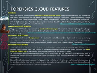 FORENSICS CLOUD FEATURES
Cellebrite
UFED Cloud Analyzer provides access to more than 25 private cloud data sources to help you attain the critical case evidence that
often hides in cloud application data. See the full list below: Facebook, WhatsApp, Twitter, Gmail, Google Location History, Google
My Activity, Google Photos, Google Chrome, Google Calendar, Google Contacts, Google Drive, Google Bookmarks, Google Tasks,
Mail (IMAP), Dropbox, iCloud App, iCloud Calendar, iCloud Contacts, iCloud Drive, iCloud Photos, OneDrive, Instagram, KIK, VK,
Telegram, iCloud Notes, iCloud Reminder, iCloud Location
Oxygen Forensic® Detective
Oxygen Forensic® Detective acquires data from more than 30 cloud storages: iCloud contacts and calendar, Google Drive, Google
Location History, Live contacts and calendar, OneDrive, Dropbox and Box as well as from a wide range of social media including
Twitter and Instagram
Elcomsoft Cloud eXplorer
Acquire information from users’ Google Account with a simple all-in-one tool! Elcomsoft Cloud Explorer makes it easier to download,
view and analyze information collected by the search giant, providing convenient access to users’ search and browsing history, page
transitions, contacts, Google Keep notes, Hangouts messages, as well as images stored in the user’s Google Photos account.
Elcomsoft Phone Breaker
Cloud acquisition is an alternative way of retrieving information stored in mobile backups produced by Apple iOS, and the only
method to explore Windows Phone 8 and Windows 10 Mobile devices. Elcomsoft Phone Breaker can retrieve information from Apple
iCloud and Windows Live! services provided that original user credentials for that account are known.
The Forensic edition of Elcomsoft Phone Breaker enables over-the-air acquisition of iCloud data without having the original Apple ID
and password. Password-free access to iCloud data is made possible via the use of a binary authentication token extracted from the
user’s computer.
Elcomsoft Phone Breaker supports accounts with Apple's two-step verification as well as the new two-factor authentication. Access to
the second authentication factor such as a trusted device or recovery key is required. You will only need to use it once as Elcomsoft
Phone Breaker can save authentication credentials for future sessions.
https://www.oxygen-forensic.com/en/products/oxygen-forensic-detective/detective/cloud-data-extraction
http://www.cellebrite.com/Pages/ufed-cloud-analyzer
https://www.elcomsoft.com/ecx.html
https://www.elcomsoft.com/eppb.html
 