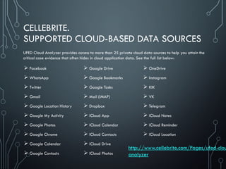 CELLEBRITE.
SUPPORTED CLOUD-BASED DATA SOURCES
 Facebook
 WhatsApp
 Twitter
 Gmail
 Google Location History
 Google My Activity
 Google Photos
 Google Chrome
 Google Calendar
 Google Contacts
 Google Drive
 Google Bookmarks
 Google Tasks
 Mail (IMAP)
 Dropbox
 iCloud App
 iCloud Calendar
 iCloud Contacts
 iCloud Drive
 iCloud Photos
 OneDrive
 Instagram
 KIK
 VK
 Telegram
 iCloud Notes
 iCloud Reminder
 iCloud Location
UFED Cloud Analyzer provides access to more than 25 private cloud data sources to help you attain the
critical case evidence that often hides in cloud application data. See the full list below:
http://www.cellebrite.com/Pages/ufed-clou
analyzer
 