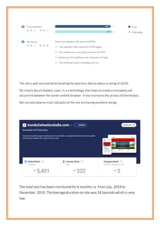 The site is well secured while handling the data thus able to obtain a rating of 10/10.
SSL means Secure Sockets Layer, it is a technology that helps to create a encrypted and
secure link between the server and the browser. It also maintains the privacy of shared data.
We can aslo observe trust indicators of the site are having excellent ratings
The total visit has been monitored for 6 monthsi.e. from July, 2019 to
December, 2019. TheAverageduration on site was 24 Seconds which is very
low.
 