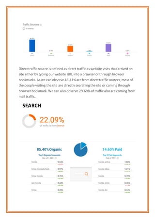 Directtraffic source is defined as direct traffic as website visits that arrived on
site either by typing our website URL into a browser or through browser
bookmarks. As we can observe 46.41%arefrom directtraffic sources, most of
the people visiting the site are directly searching the site or coming through
browser bookmark. Wecan also observe 29.69%of traffic also are coming from
mail traffic.
SEARCH
 