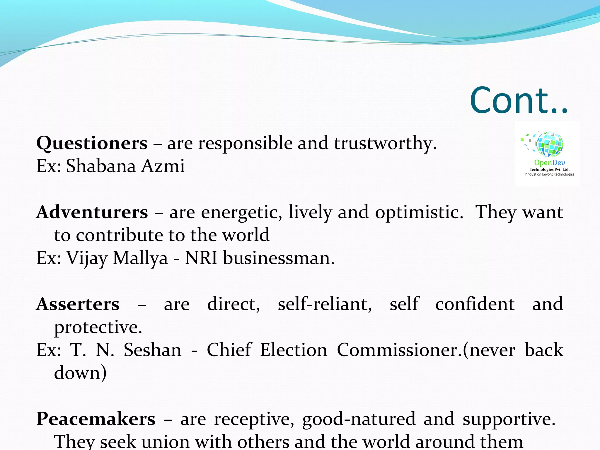 Cont..
Questioners – are responsible and trustworthy.
Ex: Shabana Azmi
Adventurers – are energetic, lively and optimistic. They want
to contribute to the world
Ex: Vijay Mallya - NRI businessman.
Asserters – are direct, self-reliant, self confident and
protective.
Ex: T. N. Seshan - Chief Election Commissioner.(never back
down)
Peacemakers – are receptive, good-natured and supportive.
They seek union with others and the world around them
 