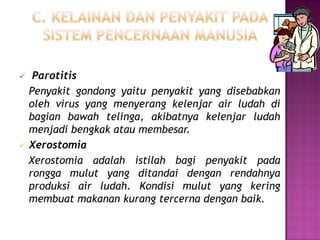     Parotitis
    Penyakit gondong yaitu penyakit yang disebabkan
    oleh virus yang menyerang kelenjar air ludah di
    bagian bawah telinga, akibatnya kelenjar ludah
    menjadi bengkak atau membesar.
   Xerostomia
    Xerostomia adalah istilah bagi penyakit pada
    rongga mulut yang ditandai dengan rendahnya
    produksi air ludah. Kondisi mulut yang kering
    membuat makanan kurang tercerna dengan baik.
 
