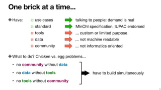 One brick at a time...
✤ Have:
5
✤ What to do? Chicken vs. egg problems...

‣ no community without data

‣ no data without...