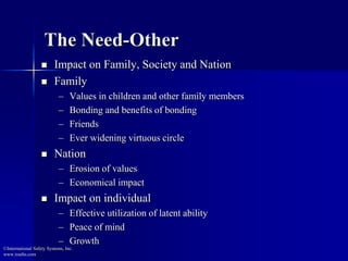 The Need-Other 
 Impact on Family, Society and Nation 
 Family 
– Values in children and other family members 
– Bonding and benefits of bonding 
– Friends 
– Ever widening virtuous circle 
 Nation 
– Erosion of values 
– Economical impact 
 Impact on individual 
– Effective utilization of latent ability 
– Peace of mind 
– Growth 
©International Safety Systems, Inc. 
www.issehs.com 
 
