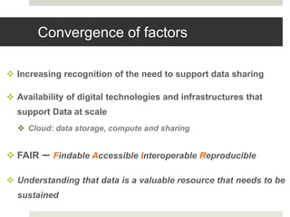 Convergence of factors
 Increasing recognition of the need to support data sharing
 Availability of digital technologies...