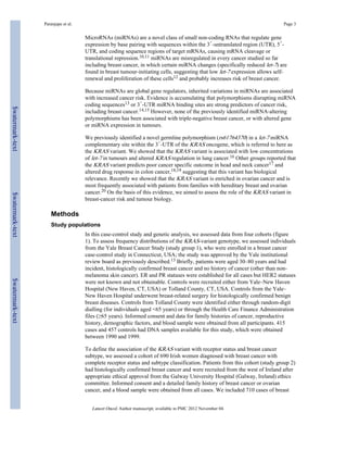 Paranjape et al. Page 3 
MicroRNAs (miRNAs) are a novel class of small non-coding RNAs that regulate gene 
expression by base pairing with sequences within the 3′-untranslated region (UTR), 5′- 
UTR, and coding sequence regions of target mRNAs, causing mRNA cleavage or 
translational repression.10,11 miRNAs are misregulated in every cancer studied so far 
including breast cancer, in which certain miRNA changes (specifically reduced let-7) are 
found in breast tumour-initiating cells, suggesting that low let-7 expression allows self-renewal 
and proliferation of these cells12 and probably increases risk of breast cancer. 
Because miRNAs are global gene regulators, inherited variations in miRNAs are associated 
with increased cancer risk. Evidence is accumulating that polymorphisms disrupting miRNA 
coding sequences13 or 3′-UTR miRNA binding sites are strong predictors of cancer risk, 
including breast cancer.14,15 However, none of the previously identified miRNA-altering 
polymorphisms has been associated with triple-negative breast cancer, or with altered gene 
or miRNA expression in tumours. 
We previously identified a novel germline polymorphism (rs61764370) in a let-7 miRNA 
complementary site within the 3′-UTR of the KRAS oncogene, which is referred to here as 
the KRAS variant. We showed that the KRAS variant is associated with low concentrations 
of let-7 in tumours and altered KRAS regulation in lung cancer.16 Other groups reported that 
the KRAS variant predicts poor cancer specific outcome in head and neck cancer17 and 
altered drug response in colon cancer,18,19 suggesting that this variant has biological 
relevance. Recently we showed that the KRAS variant is enriched in ovarian cancer and is 
most frequently associated with patients from families with hereditary breast and ovarian 
cancer.20 On the basis of this evidence, we aimed to assess the role of the KRAS variant in 
breast-cancer risk and tumour biology. 
Methods 
Study populations 
In this case-control study and genetic analysis, we assessed data from four cohorts (figure 
1). To assess frequency distributions of the KRAS-variant genotype, we assessed individuals 
from the Yale Breast Cancer Study (study group 1), who were enrolled in a breast cancer 
case-control study in Connecticut, USA; the study was approved by the Yale institutional 
review board as previously described.13 Briefly, patients were aged 30–80 years and had 
incident, histologically confirmed breast cancer and no history of cancer (other than non-melanoma 
skin cancer). ER and PR statuses were established for all cases but HER2 statuses 
were not known and not obtainable. Controls were recruited either from Yale–New Haven 
Hospital (New Haven, CT, USA) or Tolland County, CT, USA. Controls from the Yale– 
New Haven Hospital underwent breast-related surgery for histologically confirmed benign 
breast diseases. Controls from Tolland County were identified either through random-digit 
dialling (for individuals aged <65 years) or through the Health Care Finance Administration 
files (≥65 years). Informed consent and data for family histories of cancer, reproductive 
history, demographic factors, and blood sample were obtained from all participants. 415 
cases and 457 controls had DNA samples available for this study, which were obtained 
between 1990 and 1999. 
To define the association of the KRAS variant with receptor status and breast cancer 
subtype, we assessed a cohort of 690 Irish women diagnosed with breast cancer with 
complete receptor status and subtype classification. Patients from this cohort (study group 2) 
had histologically confirmed breast cancer and were recruited from the west of Ireland after 
appropriate ethical approval from the Galway University Hospital (Galway, Ireland) ethics 
committee. Informed consent and a detailed family history of breast cancer or ovarian 
cancer, and a blood sample were obtained from all cases. We included 710 cases of breast 
Lancet Oncol. Author manuscript; available in PMC 2012 November 04. 
$watermark-text $watermark-text $watermark-text 
 
