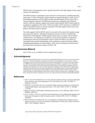 Paranjape et al. Page 9 
KRAS variant in tumorigenesis and its specific association with triple-negative breast cancer 
remains to be delineated. 
The KRAS variant is a biomarker of poor outcome in several cancers, including head and 
neck cancer,17 and is a biomarker of poor response to targeted therapies in colon cancer.18 
Our finding that patients with the KRAS variant and triple-negative breast cancer have a 
luminal progenitor signature and differential expression of angiogenic and metastatic 
markers within the signature suggests that tumours harbouring the KRAS variant might be 
an aggressive subgroup of this cancer. Follow-up studies will be necessary to establish the 
effect of the KRAS variant on outcome in patients with triple-negative breast cancer and 
patients with breast cancer in general. 
Our study suggests that the KRAS variant is associated with tumours that maintain unique 
gene-expression patterns. Although investigations remain to be done to establish the 
mechanisms of development of triple-negative breast cancer in women who are KRAS- 
variant positive, our findings give insight into crucial steps and pathways required for 
transformation and tumour development in these women. We believe our results are 
meaningful steps towards understanding of the mechanisms of gain of function miRNA-disrupting 
polymorphisms in cancer biology, which seem to be distinct in function from 
previously discovered genetic markers of cancer risk. 
Supplementary Material 
Refer to Web version on PubMed Central for supplementary material. 
Acknowledgments 
We thank Neal Fischbach and the Cancer Genetic Counselling Shared Resource at the Yale Cancer Center (New 
Haven, CT, USA) for contributions of samples to the study. TP was supported by a Yale Center for Clinical 
Investigation (YCCI) grant made possible by Clinical and Translational Science Awards (CTSA) grant number 
UL1 RR024139 from the National Centre for Research Resources (NCRR), a component of the US National 
Institutes of Health (NIH), and US NIH roadmap for Medical Research. FS and JW were supported by the US 
National Cancer Institute (CA131301). JW was supported by a K08 grant [CA124484]. HH was supported by a 
Health Research Board Clinician Scientist Fellowship and an Irish Higher Surgical Training Group Travelling 
Scholarship. JD was supported by the National Breast Cancer Research Institute in Galway, Ireland. DZ has 
received royalties for books published by John Wiley and Sons, Oxford University Press, Cambridge University 
Press, and the SAS institute, and payment for service on a data monitoring committee from BristolMyersSquibb. 
References 
1. Sørlie T, Perou CM, Tibshirani R, et al. Gene expression patterns of breast carcinomas distinguish 
tumor subclasses with clinical implications. Proc Natl Acad Sci USA. 2001; 98:10869–74. 
[PubMed: 11553815] 
2. Haffty BG, Yang Q, Reiss M, et al. Locoregional relapse and distant metastasis in conservatively 
managed triple-negative early-stage breast cancer. J Clin Oncol. 2006; 24:5652–57. [PubMed: 
17116942] 
3. Rakha EA, Ellis IO. Triple-negative/basal-like breast cancer: review. Pathology. 2009; 41:40–47. 
[PubMed: 19089739] 
4. Lim E, Vaillant F, Wu D, et al. Aberrant luminal progenitors as the candidate target population for 
basal tumor development in BRCA1 mutation carriers. Nat Med. 2009; 15:907–13. [PubMed: 
19648928] 
5. Bild AH, Parker JS, Gustafson AM, et al. An integration of complementary strategies for gene-expression 
analysis to reveal novel therapeutic opportunities for breast cancer. Breast Cancer Res. 
2009; 11:R55. [PubMed: 19638211] 
Lancet Oncol. Author manuscript; available in PMC 2012 November 04. 
$watermark-text $watermark-text $watermark-text 
 