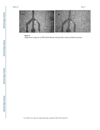 Figure 6.
Single frame image for a) FPD and b) Dexela with grid after scatter and table correction
Singh et al. Page 12
Proc SPIE Int Soc Opt Eng. Author manuscript; available in PMC 2014 October 08.
Author
Manuscript
Author
Manuscript
Author
Manuscript
Author
Manuscript
 