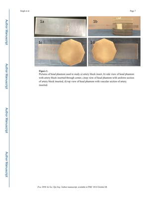 Figure 1.
Pictures of head phantom used in study a) artery block insert, b) side view of head phantom
with artery block inserted through center, c)top view of head phantom with uniform section
of artery block inserted, d) top view of head phantom with vascular section of artery
inserted.
Singh et al. Page 7
Proc SPIE Int Soc Opt Eng. Author manuscript; available in PMC 2014 October 08.
Author
Manuscript
Author
Manuscript
Author
Manuscript
Author
Manuscript
 