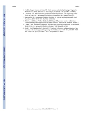 Fan et al. Page 10 
15. Fan HC, Wang J, Potanina A, Quake SR. Whole-genome molecular haplotyping of single cells. 
Nat Biotechnol. 2011; 29:51–57. doi: nbt.1739 [pii] 10.1038/nbt.1739. [PubMed: 21170043] 
16. Consortium TGP. A map of human genome variation from population-scale sequencing. Nature. 
2010; 467:1061–1073. doi: nature09534 [pii] 10.1038/nature09534. [PubMed: 20981092] 
17. Marchini J, et al. A comparison of phasing algorithms for trios and unrelated individuals. Am J 
Hum Genet. 2006; 78:437–450. [PubMed: 16465620] 
18. White RA 3rd, Blainey PC, Fan HC, Quake SR. Digital PCR provides sensitive and absolute 
calibration for high throughput sequencing. BMC Genomics. 2009; 10:116. [PubMed: 19298667] 
19. Clark MJ, et al. Performance comparison of exome DNA sequencing technologies. Nat Biotechnol. 
2011; 29:908–914. doi: nbt.1975 [pii] 10.1038/nbt.1975. [PubMed: 21947028] 
20. Kinde I, Wu J, Papadopoulos N, Kinzler KW, Vogelstein B. Detection and quantification of rare 
mutations with massively parallel sequencing. Proc Natl Acad Sci U S A. 2011; 108:9530–9535. 
doi: 1105422108 [pii]10.1073/pnas.1105422108. [PubMed: 21586637] 
Nature. Author manuscript; available in PMC 2013 February 01. 
NIH-PA Author Manuscript NIH-PA Author Manuscript NIH-PA Author Manuscript 
 