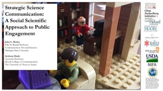 Strategic Science
Communication:
A Social Scientific
Approach to Public
Engagement
John C. Besley
Ellis N. Brandt Professor
Communication Arts and Sciences
Michigan State University
Anthony Dudo
Associate Professor
Moody College of Communication
The University of Texas at Austin
This material is based upon
work supported by the National
Science Foundation (NSF, Grant
AISL 1421214-1421723. Any
opinions, findings, conclusions,
or recommendations expressed
in this material are those of the
authors and do not necessarily
reflect the views of the NSF.
 