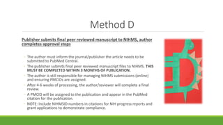 Method D
Publisher submits final peer reviewed manuscript to NIHMS, author
completes approval steps
◦ The author must inform the journal/publisher the article needs to be
submitted to PubMed Central.
◦ The publisher submits final peer reviewed manuscript files to NIHMS. THIS
MUST BE COMPLETED WITHIN 3 MONTHS OF PUBLICATION.
◦ The author is still responsible for managing NIHMS submissions (online)
and ensuring PMCIDs are assigned.
◦ After 4-6 weeks of processing, the author/reviewer will complete a final
review.
◦ A PMCID will be assigned to the publication and appear in the PubMed
citation for the publication.
◦ NOTE: Include NIHMSID numbers in citations for NIH progress reports and
grant applications to demonstrate compliance.
 