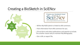 Creating a BioSketch in SciENcv
o Within My NCBI (which is linked to eRA commons.
o Pulls information from eRA commons for you.
o Fill out form and select publications and awards to include.
This another reason why to maintain My Bibliography.
o Get a URL or export file.
eRA
commons
My
NCBI
NIH
 
