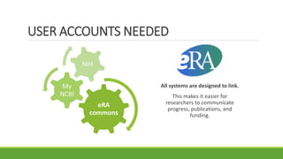 USER ACCOUNTS NEEDED
eRA
commons
My
NCBI
NIH
All systems are designed to link.
This makes it easier for
researchers to communicate
progress, publications, and
funding.
 