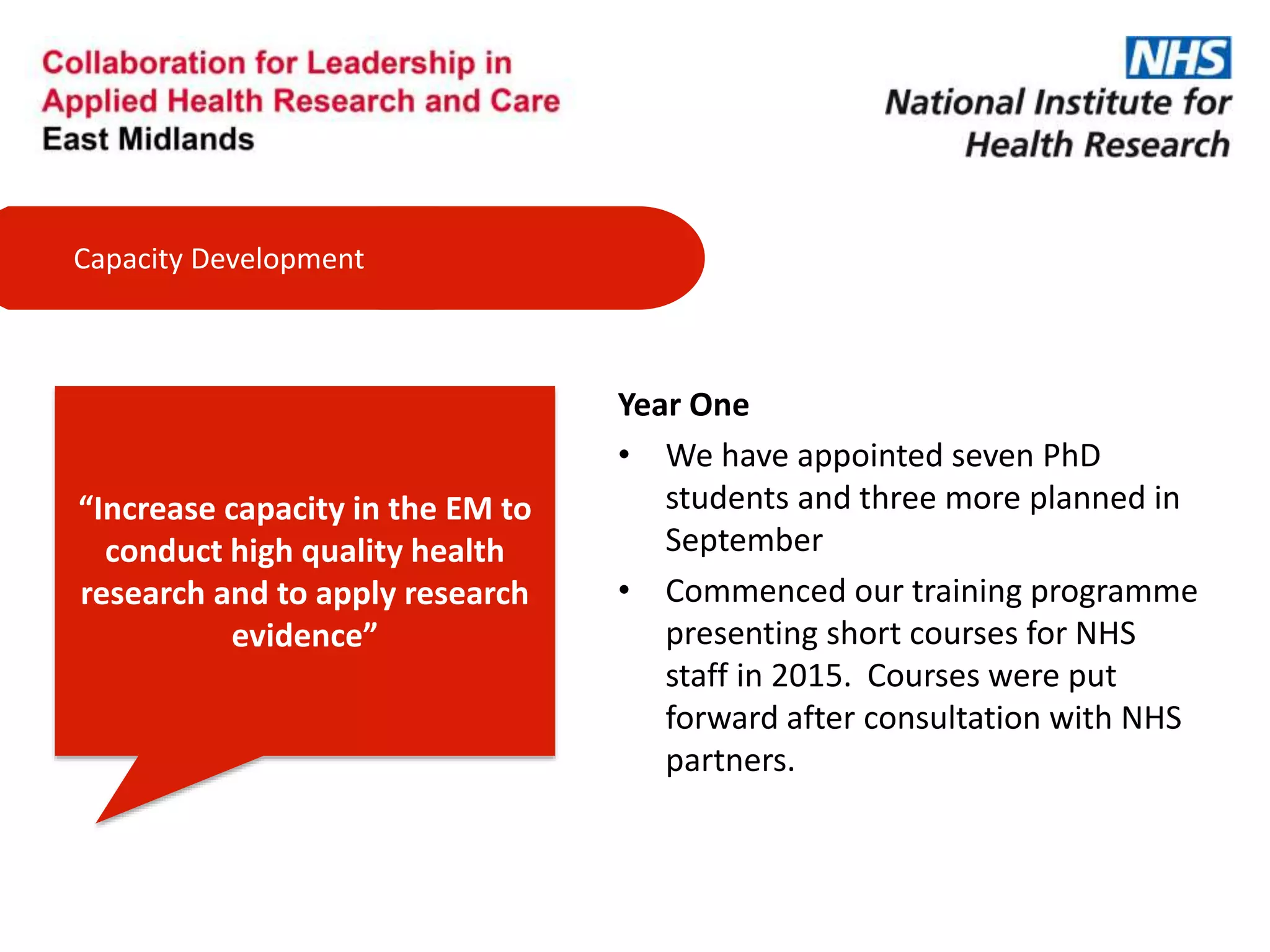“Increase capacity in the EM to
conduct high quality health
research and to apply research
evidence”
Capacity Development
Year One
• We have appointed seven PhD
students and three more planned in
September
• Commenced our training programme
presenting short courses for NHS
staff in 2015. Courses were put
forward after consultation with NHS
partners.
 