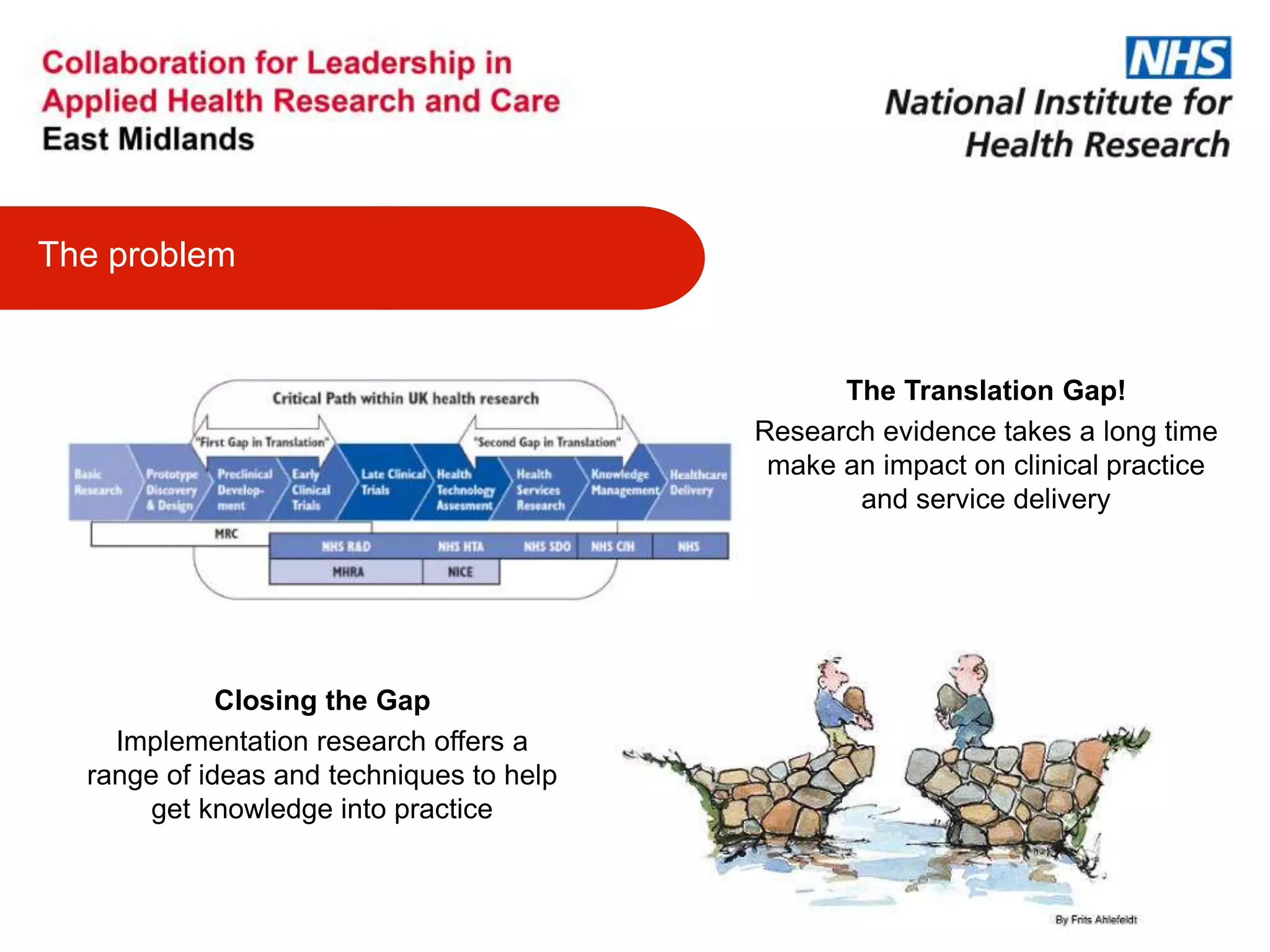 The Translation Gap!
Research evidence takes a long time
make an impact on clinical practice
and service delivery
The problem
Closing the Gap
Implementation research offers a
range of ideas and techniques to help
get knowledge into practice
 