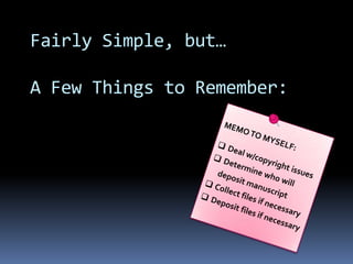 Fairly Simple, but…A Few Things to Remember:MEMO TO MYSELF: Deal w/copyright issues