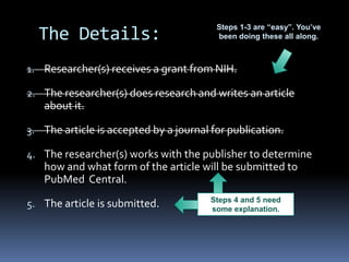 The Details:Steps 1-3 are “easy”. You’ve been doing these all along.Researcher(s) receives a grant from NIH.The researcher(s) does research and writes an article about it.The article is accepted by a journal for publication.The researcher(s) works with the publisher to determine how and what form of the article will be submitted to PubMedCentral.The article is submitted.Steps 4 and 5 need some explanation.