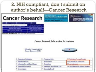 2. NIH compliant, don’t submit on  author’s behalf—Cancer Research 