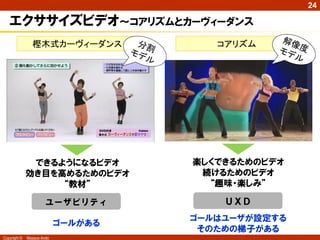 24

   エクササイズビデオ～コアリズムとカーヴィーダンス
                樫木式カーヴィーダンス             コアリズム




               できるようになるビデオ           楽しくできるためのビデオ
              効き目を高めるためのビデオ           続けるためのビデオ
                   “教材”                “趣味・楽しみ”

                       ユーザビリティ           ＵＸＤ
                                     ゴールはユーザが設定する
                            ゴールがある
                                      そのための梯子がある
Copyright ©   Masaya Ando
 