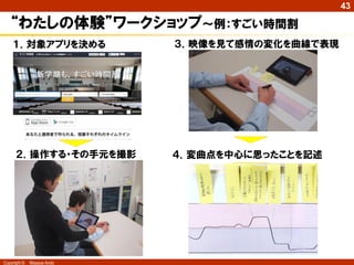 43

   “わたしの体験”ワークショップ～例：すごい時間割
    １．対象アプリを決める             ３．映像を見て感情の変化を曲線で表現




      ２．操作する・その手元を撮影        ４．変曲点を中心に思ったことを記述




Copyright ©   Masaya Ando
 