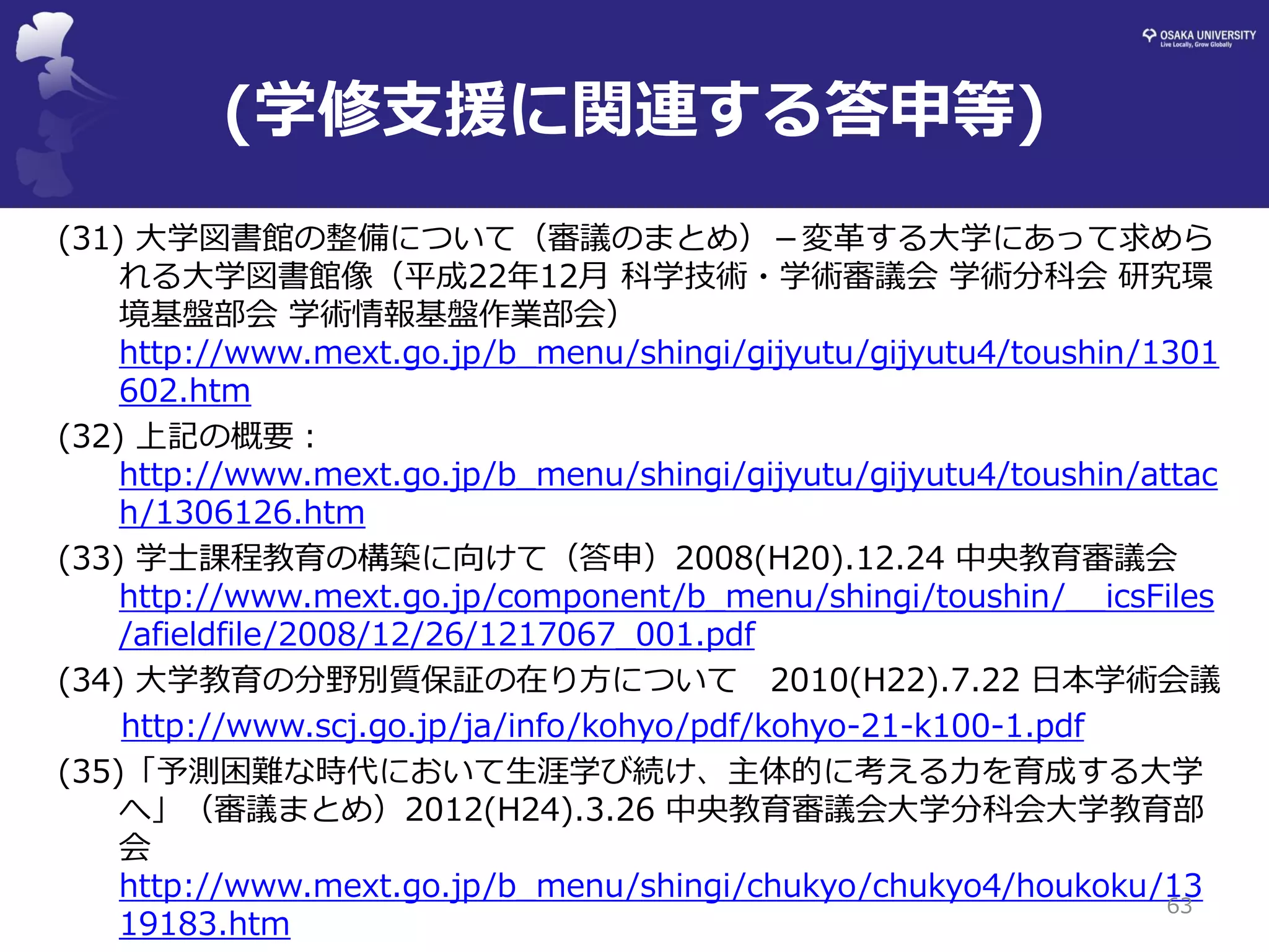 (学修支援に関連する答申等) 
(31) 大学図書館の整備について（審議のまとめ）－変革する大学にあって求めら れる大学図書館像（平成22年12月 科学技術・学術審議会 学術分科会 研究環 境基盤部会 学術情報基盤作業部会） http://www.mext.go.jp/b_menu/shingi/gijyutu/gijyutu4/toushin/1301602.htm 
(32) 上記の概要： http://www.mext.go.jp/b_menu/shingi/gijyutu/gijyutu4/toushin/attach/1306126.htm 
(33) 学士課程教育の構築に向けて（答申）2008(H20).12.24 中央教育審議会 http://www.mext.go.jp/component/b_menu/shingi/toushin/__icsFiles/afieldfile/2008/12/26/1217067_001.pdf 
(34) 大学教育の分野別質保証の在り方について 2010(H22).7.22 日本学術会議 
http://www.scj.go.jp/ja/info/kohyo/pdf/kohyo-21-k100-1.pdf 
(35)「予測困難な時代において生涯学び続け、主体的に考える力を育成する大学 へ」（審議まとめ）2012(H24).3.26 中央教育審議会大学分科会大学教育部 会 http://www.mext.go.jp/b_menu/shingi/chukyo/chukyo4/houkoku/1319183.htm 
63  