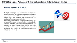 NIIF 15 Ingresos de Actividades Ordinarias Procedentes de Contratos con Clientes
El objetivo principal de la norma es la de establecer
los lineamientos necesarios que toda entidad debe
aplicar con respecto al funcionamiento contable que
tienen todos los ingresos que proceden de los
contratos formalizados con clientes.
La norma alcanza a todos aquellos contratos que las
empresas formalizan con sus clientes. A excepción de
aquellos contratos que se encuentren ya dentro del
alcance de otras normas que marcan un trato
especifico, como por ejemplo los contratos
realizados para tratar a los instrumentos financieros
o los arrendamientos.
 