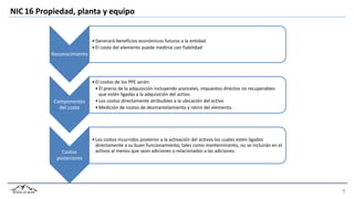 NIC 16 Propiedad, planta y equipo
Reconocimiento
•Generará beneficios económicos futuros a la entidad.
•El costo del elemento puede medirse con fiabilidad
Componentes
del costo
•El costos de los PPE serán:
•El precio de la adquisición incluyendo aranceles, impuestos directos no recuperables
que estén ligadas a la adquisición del activo.
•Los costos directamente atribuibles a la ubicación del activo
•Medición de costos de desmantelamiento y retiro del elemento.
Costos
posteriores
•Los costos incurridos posterior a la activación del activos los cuales estén ligados
directamente a su buen funcionamiento, tales como mantenimiento, no se incluirán en el
activos al menos que sean adiciones o relacionados a las adiciones.
 
