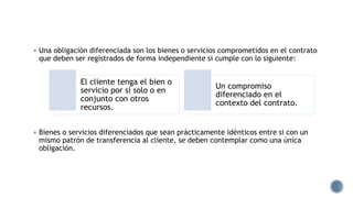  Una obligación diferenciada son los bienes o servicios comprometidos en el contrato
que deben ser registrados de forma independiente si cumple con lo siguiente:
 Bienes o servicios diferenciados que sean prácticamente idénticos entre si con un
mismo patrón de transferencia al cliente, se deben contemplar como una única
obligación.
El cliente tenga el bien o
servicio por si solo o en
conjunto con otros
recursos.
Un compromiso
diferenciado en el
contexto del contrato.
 