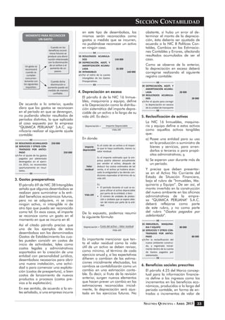 Segunda Quincena - Abril 2015
Sección Contabilidad
33
MOMENTO PARA RECONOCER
UN GASTO
Un gasto se
reconocerá
cuando se
cumplan
concurren-
temente con
los siguientes
requisitos:
Cuando en los
beneficios econó-
micos futuros se
produce una dismi-
nución relacionada
con la disminución
de un activo o el
aumento de un
pasivo.
Cuando dicha
disminución o
aumento puede ser
medido de manera
confiable.
	 De acuerdo a lo anterior, queda
claro que los gastos se reconocen
en el período en que se devengan,
no pudiendo afectar resultados de
períodos distintos, lo que aplicado
al caso expuesto por la empresa
“QUIMICA PERUANA” S.A.C. sig-
nificaría realizar el siguiente ajuste
contable:
XX
59	 RESULTADOS ACUMULADOS	 250 000
18	SERVICIOS Y OTROS CON-
TRATADOS POR ANTICI-
PADO				 250 000
x/x	Por el ajuste de los gastos
pagados por adelantado
devengados en el ejerci-
cio 2013, no reconocidos
oportunamente en resul-
tados.
XX
3.	Gastos preoperativos
	 El párrafo 69 de NIC 38 Intangibles
señala que algunos desembolsos se
realizan para suministrar a la enti-
dad beneficios económicos futuros,
pero no se adquiere, ni se crea
ningún activo, ni intangible ni de
otro tipo que pueda ser reconocido
como tal. En esos casos, el importe
se reconoce como un gasto en el
momento en que se incurra en él.
	 Así el citado párrafo precisa que
uno de los ejemplos de estos
desembolsos son los denominados
Gastos de Establecimiento los cua-
les pueden consistir en costos de
inicio de actividades, tales como
costos legales y administrativos
soportados en la creación de una
entidad con personalidad jurídica,
desembolsos necesarios para abrir
una nueva instalación, una activi-
dad o para comenzar una explota-
ción (costos de preapertura), o bien
costos de lanzamiento de nuevos
productos o procesos (costos pre-
vios a la explotación).
	 En ese sentido, de acuerdo a lo an-
tes señalado, si una empresa incurre
en este tipo de desembolsos, los
mismos serán reconocidos como
gastos a medida que se incurren,
no pudiéndose reconocer un activo
en ningún caso.
XX
59	RESULTADOS ACUMULA-
DOS			 134 000
39	DEPRECIACIÓN, AGOT, Y
AMORTIZACIÓN ACUMU-
LADA			 26 000
34	 INTANGIBLES			 160 000
x/x	Por el retiro de la cuenta
Intangibles de los Gastos
Preoperativos.
XX
4.	Depreciación en exceso
	 El párrafo 6 de la NIC 16 Inmue-
bles, maquinaria y equipo, define
a la Depreciación como la distribu-
ción sistemática del importe depre-
ciable de un activo a lo largo de su
vida útil. Es decir:
Depreciación = Importe Depreciable
Vida útil
	 En donde:
Importe
depreciable
Es el costo de un activo o el impor-
te que lo haya sustituido, menos su
valor residual.
Valor
residual
Es el importe estimado que la em-
presa podría obtener actualmente
por vender el activo, después de
deducir los costos estimados de tal
venta, si el activo ya hubiera alcan-
zado la antigüedad y las demás con-
diciones esperadas al término de su
vida útil.
Vida útil
Es:
•	 El período durante el cual se es-
pera utilizar el activo depreciable
por parte de la entidad; o bien
•	 El número de unidades de produc-
ción o similares que se espera obte-
ner del mismo por parte de la enti-
dad.
	 De lo expuesto, podemos resumir
la siguiente fórmula:
Depreciación = Costo del activo – Valor residual
Vida útil
	 Es importante mencionar que tan-
to el valor residual como la vida
útil de un activo se deben revisar,
como mínimo, al término de cada
ejercicio anual y, si las expectativas
difieren o cambian de las estima-
ciones inicialmente efectuadas, los
cambios se contabilizarán como un
cambio en una estimación conta-
ble. Es decir, si fruto de la revisión
anterior, surgen nuevos elementos
que hacen prever un cambio en las
estimaciones reconocidas inicial-
mente, la depreciación será ajus-
tada en los ejercicios futuros. No
obstante, si hubo un error al de-
terminar el monto de la deprecia-
ción, ésta debería ser ajustada de
acuerdo a la NIC 8 Políticas Con-
tables, Cambios en las Estimacio-
nes Contables y Errores, afectando
resultados acumulados de ser el
caso.
	 Como se observa de lo anterior,
la depreciación en exceso deberá
corregirse realizando el siguiente
registro contable:
XX
39	DEPRECIACIÓN, AGOT, Y
AMORTIZACIÓN ACUMU-
LADA			 28 000
59	RESULTADOS ACUMULA-
DOS 				 28 000
x/x	Por el ajuste para corregir
la depreciación en exceso
de la unidad de transporte
XX
5.	Reclasificación de activos
	 La NIC 16 Inmuebles, maquina-
ria y equipo define a estos activos
como aquellos activos tangibles
que:
a)	Posee una entidad para su uso
en la producción o suministro de
bienes y servicios, para arren-
darlos a terceros o para propó-
sitos administrativos; y,
b)	Se esperan usar durante más de
un periodo.
	 Y precisa que deben presentar-
se en el Activo No Corriente del
Estado de Situación Financiera,
bajo el rubro de “Inmuebles, Ma-
quinaria y Equipo”. De ser así, el
monto invertido en la construcción
del nuevo ambiente en las oficinas
administrativas de la empre-
sa “QUIMICA PERUANA” S.A.C.
deberá reflejarse como parte
de este rubro, y no como parte
del rubro “Gastos pagados por
adelantado”.
XX
33	INMUEBLES, MAQUINA-
RIA Y EQUIPO		 80 000	
18	SERVICIOS Y OTROS CON-
TRATADOS POR ANTICI-
PADO				 80 000
x/x	Por la reclasificación del
nuevo ambiente construi-
do, y registrado inicial-
mente dentro de la cuenta
de Gastos pagados por
adelantado.
XX
6.	Beneficios sociales prescritos
	 El párrafo 4.25 del Marco concep-
tual para la información financie-
ra define a los ingresos como los
incrementos en los beneficios eco-
nómicos, producidos a lo largo del
periodo contable, en forma de en-
tradas o incrementos de valor de
 