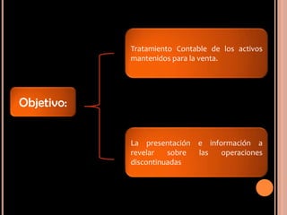 Objetivo:
Tratamiento Contable de los activos
mantenidos para la venta.
La presentación e información a
revelar sobre las operaciones
discontinuadas
 