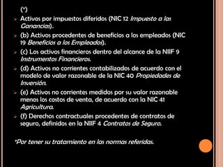 (*)
 Activos por impuestos diferidos (NIC 12 Impuesto a las
Ganancias).
 (b) Activos procedentes de beneficios a los empleados (NIC
19 Beneficios a los Empleados).
 (c) Los activos financieros dentro del alcance de la NIIF 9
Instrumentos Financieros.
 (d) Activos no corrientes contabilizados de acuerdo con el
modelo de valor razonable de la NIC 40 Propiedades de
Inversión.
 (e) Activos no corrientes medidos por su valor razonable
menos los costos de venta, de acuerdo con la NIC 41
Agricultura.
 (f) Derechos contractuales procedentes de contratos de
seguro, definidos en la NIIF 4 Contratos de Seguro.
*Por tener su tratamiento en las normas referidas.
 