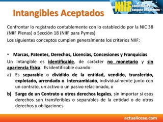 Intangibles Aceptados
Confrontar lo registrado contablemente con lo establecido por la NIC 38
(NIIF Plenas) o Sección 18 (NIIF para Pymes)
Los siguientes conceptos cumplen generalmente los criterios NIIF:
• Marcas, Patentes, Derechos, Licencias, Concesiones y Franquicias
Un Intangible es identificable, de carácter no monetario y sin
apariencia física. Es identificable cuando:
a) Es separable o dividido de la entidad, vendido, transferido,
explotado, arrendado o intercambiado, individualmente junto con
un contrato, un activo o un pasivo relacionado, o
b) Surge de un Contrato u otros derechos legales, sin importar si esos
derechos son transferibles o separables de la entidad o de otros
derechos y obligaciones
44
 