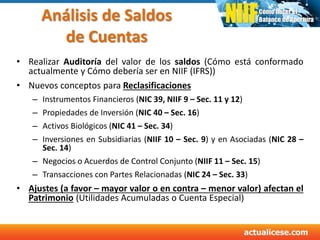 Análisis de Saldos
de Cuentas
• Realizar Auditoría del valor de los saldos (Cómo está conformado
actualmente y Cómo debería ser en NIIF (IFRS))
• Nuevos conceptos para Reclasificaciones
– Instrumentos Financieros (NIC 39, NIIF 9 – Sec. 11 y 12)
– Propiedades de Inversión (NIC 40 – Sec. 16)
– Activos Biológicos (NIC 41 – Sec. 34)
– Inversiones en Subsidiarias (NIIF 10 – Sec. 9) y en Asociadas (NIC 28 –
Sec. 14)
– Negocios o Acuerdos de Control Conjunto (NIIF 11 – Sec. 15)
– Transacciones con Partes Relacionadas (NIC 24 – Sec. 33)
• Ajustes (a favor – mayor valor o en contra – menor valor) afectan el
Patrimonio (Utilidades Acumuladas o Cuenta Especial)
 