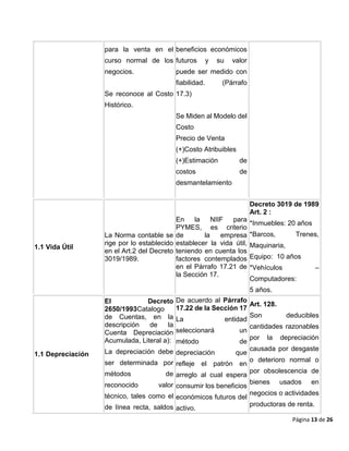 Página 13 de 26
para la venta en el
curso normal de los
negocios.
Se reconoce al Costo
Histórico.
beneficios económicos
futuros y su valor
puede ser medido con
fiabilidad. (Párrafo
17.3)
Se Miden al Modelo del
Costo
Precio de Venta
(+)Costo Atribuibles
(+)Estimación de
costos de
desmantelamiento
1.1 Vida Útil
La Norma contable se
rige por lo establecido
en el Art.2 del Decreto
3019/1989.
En la NIIF para
PYMES, es criterio
de la empresa
establecer la vida útil,
teniendo en cuenta los
factores contemplados
en el Párrafo 17.21 de
la Sección 17.
Decreto 3019 de 1989
Art. 2 :
*Inmuebles: 20 años
*Barcos, Trenes,
Maquinaria,
Equipo: 10 años
*Vehículos –
Computadores:
5 años.
1.1 Depreciación
El Decreto
2650/1993Catalogo
de Cuentas, en la
descripción de la
Cuenta Depreciación
Acumulada, Literal a):
La depreciación debe
ser determinada por
métodos de
reconocido valor
técnico, tales como el
de línea recta, saldos
De acuerdo al Párrafo
17.22 de la Sección 17
La entidad
seleccionará un
método de
depreciación que
refleje el patrón en
arreglo al cual espera
consumir los beneficios
económicos futuros del
activo.
Art. 128.
Son deducibles
cantidades razonables
por la depreciación
causada por desgaste
o deterioro normal o
por obsolescencia de
bienes usados en
negocios o actividades
productoras de renta.
 