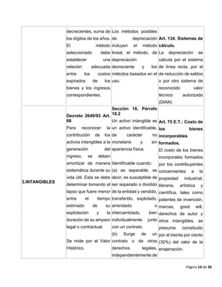 Página 14 de 26
decrecientes, suma de
los dígitos de los años.
El método
seleccionado debe
establecer una
relación adecuada
entre los costos
expirados de los
bienes y los ingresos
correspondientes.
Los métodos posibles
de depreciación
incluyen el método
lineal, el método, de
depreciación
decreciente y los
métodos basados en el
uso.
Art. 134. Sistemas de
cálculo.
La depreciación se
calcula por el sistema
de línea recta, por el
de reducción de saldos
o por otro sistema de
reconocido valor
técnico autorizado
(DIAN)
3.INTANGIBLES
Decreto 2649/93 Art.
66
Para reconocer la
contribución de los
activos intangibles a la
generación del
ingreso, se deben
amortizar de manera
sistemática durante su
vida útil. Esta se debe
determinar tomando el
lapso que fuere menor
entre el tiempo
estimado de su
explotación y la
duración de su amparo
legal o contractual.
Se mide por el Valor
Histórico.
Sección 18, Párrafo
18.2
Un activo intangible es
un activo identificable,
de carácter no
monetario y sin
apariencia física.
Identificable cuando:
(a) es separable, es
decir, es susceptible de
ser separado o dividido
de la entidad y vendido,
transferido, explotado,
arrendado o
intercambiado, bien
individualmente junto
con un contrato.
(b) Surge de un
contrato o de otros
derechos legales,
independientemente de
Art. 75 E.T.: Costo de
los bienes
incorporables
formados.
El costo de los bienes
incorporales formados
por los contribuyentes
concernientes a la
propiedad industrial,
literaria, artística y
científica, tales como
patentes de invención,
marcas, good will,
derechos de autor y
otros intangibles, se
presume constituido
por el treinta por ciento
(30%) del valor de la
enajenación.
 