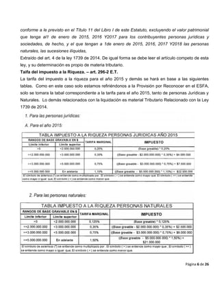 Página 6 de 26
conforme a le previsto en el Título 11 del Libro I de este Estatuto, excluyendo el valor patrimonial
que tenga al1 de enero de 2015, 2016 Y2017 para los contribuyentes personas jurídicas y
sociedades, de hecho, y el que tengan a 1de enero de 2015, 2016, 2017 Y2018 las personas
naturales, las sucesiones ilíquidas,
Extraído del art. 4 de la ley 1739 de 2014. De igual forma se debe leer el artículo competo de esta
ley, y su determinación es propio de materia tributario.
Taifa del impuesto a la Riqueza. – art. 296-2 E.T.
La tarifa del impuesto a la riqueza para el año 2015 y demás se hará en base a las siguientes
tablas. Como en este caso solo estamos refiriéndonos a la Provisión por Reconocer en el ESFA,
solo se tomara la tabal correspondiente a la tarifa para el año 2015, tanto de personas Jurídicas y
Naturales. Lo demás relacionados con la liquidación es material Tributario Relacionado con la Ley
1739 de 2014.
 