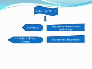 OBJETIVO NIIF 7




          Relevancia             Instrumentos Financieros y
                                        rendimiento


Naturaleza, alcance              Instrumentos Financieros
     y riesgos
 