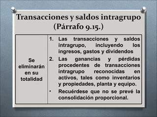 Transacciones y saldos intragrupo (Párrafo 9.15.) Se eliminarán en su totalidad Las transacciones y saldos intragrupo, incluyendo los ingresos, gastos y dividendos Las ganancias y pérdidas procedentes de transacciones intragrupo reconocidas en activos, tales como inventarios y propiedades, planta y equipo. Recuérdese que no se prevé la consolidación proporcional. 