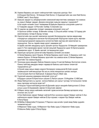 36. Хэрвээ барааны үнэ эрэлт нийлүүлэлтийн түвшнээс дээгүүр бол:
    А.Илүүдэл бий болно. В.Хомсдол бий болно. С.Худалдагчийн зах зээл бий болно.
    D.ВбаС зөв Е. Бүгд буруу
37. Хувьсах зардал нь үйлдвэрлэлийн хэмжээний өөрчлөлтөөс хамааран тоо хэмжээ
    нь хувьсч байдаг зардал. Доорхи өгөгдлөөс хувьсах зардлыг тодорхойл?
    А.Аж ахуйн нэгжийн тоног төхөөрөмж В.Байшин барилгын элэгдлийн шимтгэл
    С.Тээврийн зардал D.Рентийн төлбөр Е.Зээлийн хүү
38. Үл хөдлөх эд хөрөнгийн татварт хамаарах өгөгдлийг олно уу?
    А.Орлогын албан татвар В.Өмчийн татвар С.Онцгой албан татвар D.Гадаад үйл
    ажиллагааны татвар Е.Бусад татвар
39. Хэрэглэгчийн эрх ашгийг хамгаалах хуулийг боловсруулан гаргаж мөрдснөөр
    стандартын шаардлага хангасан бүтээгдэхүүнийг борлуулах хэрэв хууль зөрчсөн
    тохиолдолдтодорхой хариуцлага хүлээлгэж байх зэргээр үйл ажиллагааг нь
    зохицуулна. Энэ нь төрийн ямар үүрэгт хамаарах вэ?
    А.Эдийн засгийн амьдралд хууль эрхзүйн орчныг бүрдүүлэх В.Нөөцийг хуваарилах
    үүрэг С.Төгс өрсөлдөөн өрнөх таатай нөхцлийг бүрдүүлэх үүрэг D.Орлогыгдахин
    хуваарилах үүрэг Е.Эдийн засгийг тогтворжуулах үүрэг
40. Харилцан орлуулах шинжтэй хоѐр барааны нэгжийн үнэ өсвөл:
    А.Нөгөө барааны эрэлт буурна. В.Нөгөө барааны эрэлт өснө. С.Барааны нийт тоо
    хэмжээ буурна. D.Нөгөө барааны эрэлтийн тоо хэмжээ өснө. Е.Нөгөө барааны
    эрэлтийн тоо хэмжээ буурна.
41. Чононууд дунд амьдарч байсан Камала охиныг 8 настай байхад Энэтхэгээс олжээ.
    Охины нийгэмд амьдрах ямарч чадваргүй байсны шалтгааныг оновчтой
    тодорхойлно уу?
    А.Хүний наад захын ямарч мэдлэг боловсрол эзэмшээгүй В.Соѐл хүнийг
    төлөвшүүлэн нийгэмшүүлдэг ба энэ нь эхээс мэндэлсэн цагаас эхэлдэг.
    С.Сэтгэлзүйн бэлтгэл байгаагүй. D.Дээрхи бүгд Е.АбаС зөв.
42. Үндэсний шашинд хамаарах өгөгдлийг олно уу?
    А.Буддын шашин В.Христосын шашин С.Лалын шашин D.Индуйзм Е.АВСзөв
43. Ямар байгууллага нь хуучин колони байсан улс орныг тусгаар тогтнолынхоо төлөө
    ахиц гаргахад чиглүүлж өгдөг вэ?
    А.Нэгдсэн Үндэстний Байгууллага В.Дэлхийн эрүүл мэндийн байгууллага С.Олон
    улсын шүүх D.Асрамжийн зөвлөл Е.Аюулгүйн зөвлөл
44. К.Маркс залуу үедээ нийгмийн хөгжлийг гурав ангилсан бөгөөд эдгээрээс илүү
    ангилал аль нь вэ?
    А.Хүн байгалиас хараат байдаг нийгэм В.Хүн хүнээсээ хараат байдаг нийгэм С.Хүн
    нийгмээсээ хараат байдаг нийгэм D.Хүн юунаас ч хараат бус байдаг нийгэм
    Е.Бүгд буруу
45. М.Вебер,Э.Дюркгейм,П.Сорокин,Т.Парсонс нар ангийн тухай ямар байр суурийн
    төлөөлөгчид вэ?
    А.Марксист байр суурь В.Марксист бус байр суурь С.Идеалист байр суурь
    D.Шашны байр суурь Е.Бүгд буруу
 