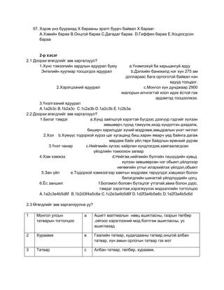 57. Хэрэв үнэ буурахад Х барааны эрэлт буурч байвал Х барааг:
        А.Хэвийн бараа В.Онцгой бараа С.Дагадаг бараа D.Гиффен бараа Е.Хоцрогдсон
        бараа


       2-р хэсэг
2.1 Доорхи өгөгдлийг зөв харгалзуул?
       1.Хүнс тэжээлийн зардлын ядуурал буюу          a.Үнэмлэхүй ба харьцангуй ядуу
        Энгелийн хуулиар тооцогдох ядуурал             b.Дэлхийн банкжилд нэг хүн 275 ам
                                                    доллараас бага орлоготой байвал нэн
                                                                          ядууд тооцдог.
               2.Хэрэгцээний ядуурал                         c.Монгол хүн дунджаар 2900
                                                  ккалорын илчлэгтэй хоол идэх ѐстой гэж
                                                                   эрдэмтэд тооцоолжээ.
       3.Үнэлгээний ядуурал
       А.1a2b3c В.1b2a3c С.1c2a3b D.1a2c3b Е.1c2b3a
2.2 Доорхи өгөгдлийг зөв харгалзуул?
       1.Билэг тэмдэг            a.Хүнд зайлшгүй хэрэгтэй бүгдээс дээгүүр гэдгийг хүлээн
                                        зөвшөөрч,түүнд тэмүүлж,ихэд хүндэтгэн дээдэлж,
                                биширч харилцдаг хүний мэдрэмж,амьдралын үнэт чиглэл
         2.Хэл b.Хүмүүс тодорхой хүрээ цаг хугацанд биш,харин ямарч үед байнга дагаж
                                           мөрдөж байх үйл,төрх байдлын ерөнхий дүрэм
            3.Үнэт чанар       c.Нийгмийн зүгээс хайрлан хүндлэгдэж,хамгаалагдсан
                                   үйлдлийн томоохон загвар
       4.Хэм хэмжээ                         d.Нийгэм,нийгмийн бүлгийн гишүүдийн хувьд
                                                 хүлээн зөвшөөрсөн нэг обьект,үйлдлээр
                                               нөгөөгийн утгыг илэрхийлэх үйлдэл,обьект
        5.Зан үйл      e.Тодорхой хэмжээгээр хамтын мэдрэмж төрүүлдэг,хэвшмэл болон
                                                  билэгдлийн шинжтэй үйлдлүүдийн цогц.
       6.Ёс заншил                   f.Болзмол боловч бүтэцлэг утгатай,авиа болон дүрс,
                                      тэмдэг хэрэглэж,хэрэгжүүлэх мэдээллийн тогтолцоо
       А.1a2c3e4b5d6f В.1b2d3f4a5c6e C.1c2e3a4b5d6f D.1d2f3a4b5e6c D.1e2f3a4b5c6d

2.3 Өгөгдлийг зөв харгалзуулна уу?

1    Монгол улсын            а       Ашигт малтмалын нөөц ашигласны, газрын төлбөр
     татварын тогтолцоо              ,ойгоос хэрэглээний мод бэлтгэж ашигласны, ус
                                     ашиглахад

2    Хураамж                 в       Гаалийн татвар, худалдааны татвар,онцгой албан
                                     татвар, хүн амын орлогын татвар гэх мэт

3    Татвар                  с       Албан татвар, төлбөр, хураамж.
 